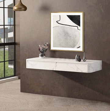 47" Modern White Floating Desk Wall Mounted Writing Desk with 2-Drawer Stone-Desks,Furniture,Office Furniture